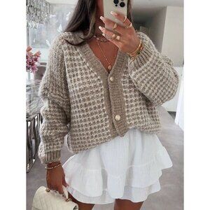 Lantern sleeve waffle knit button up cardigan sweater tan beige brown white